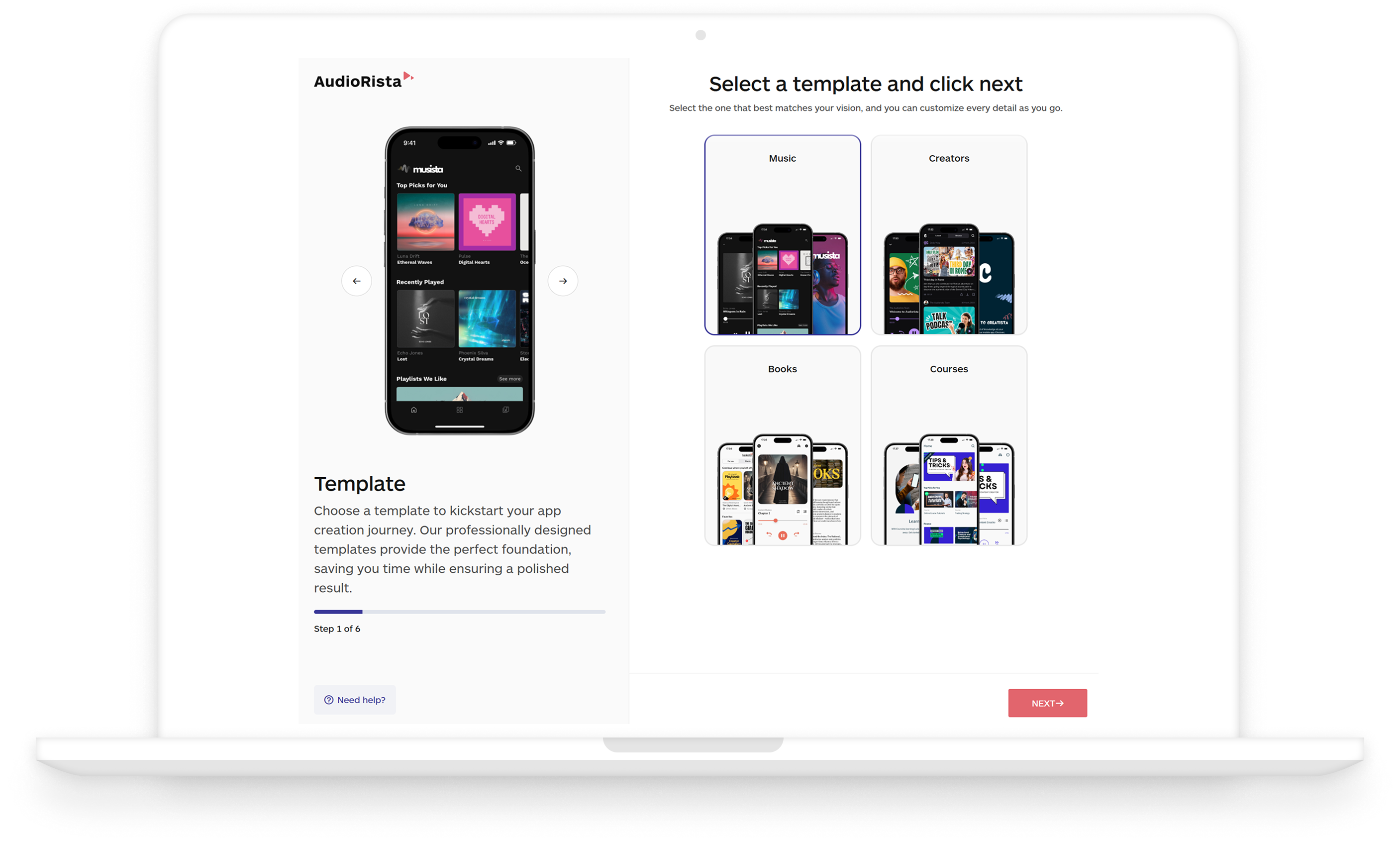 Audiorista onboarding screen offering music, creator, book and course app templates