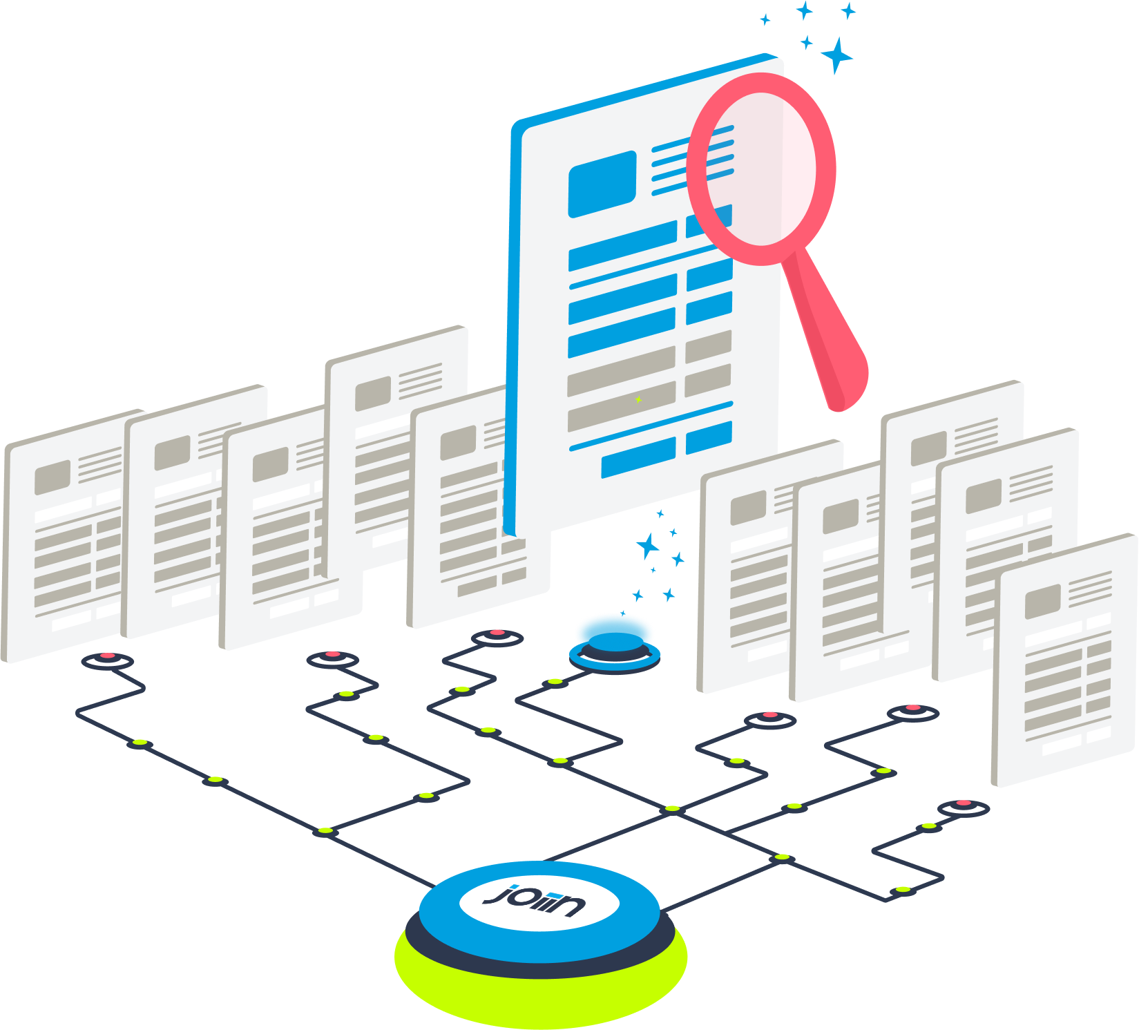 Joiin illustration connecting several source reports to a combined reporting view