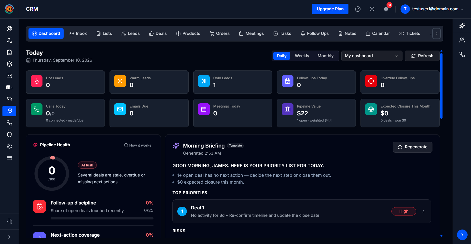 SalesTarget CRM dashboard with lead categories, follow-up counters and a pipeline summary