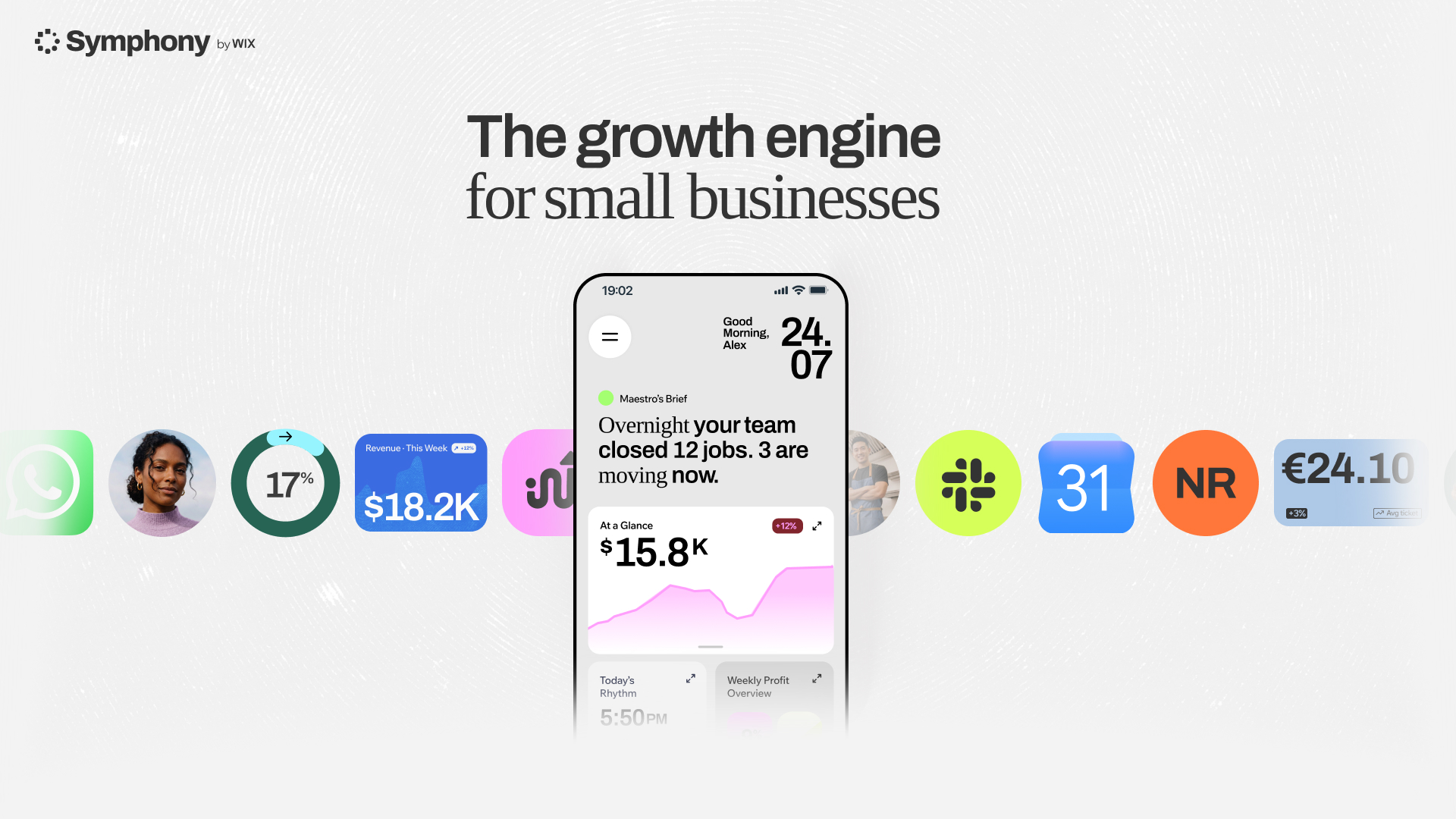 Official Symphony by Wix creative showing its mobile business dashboard and agent team